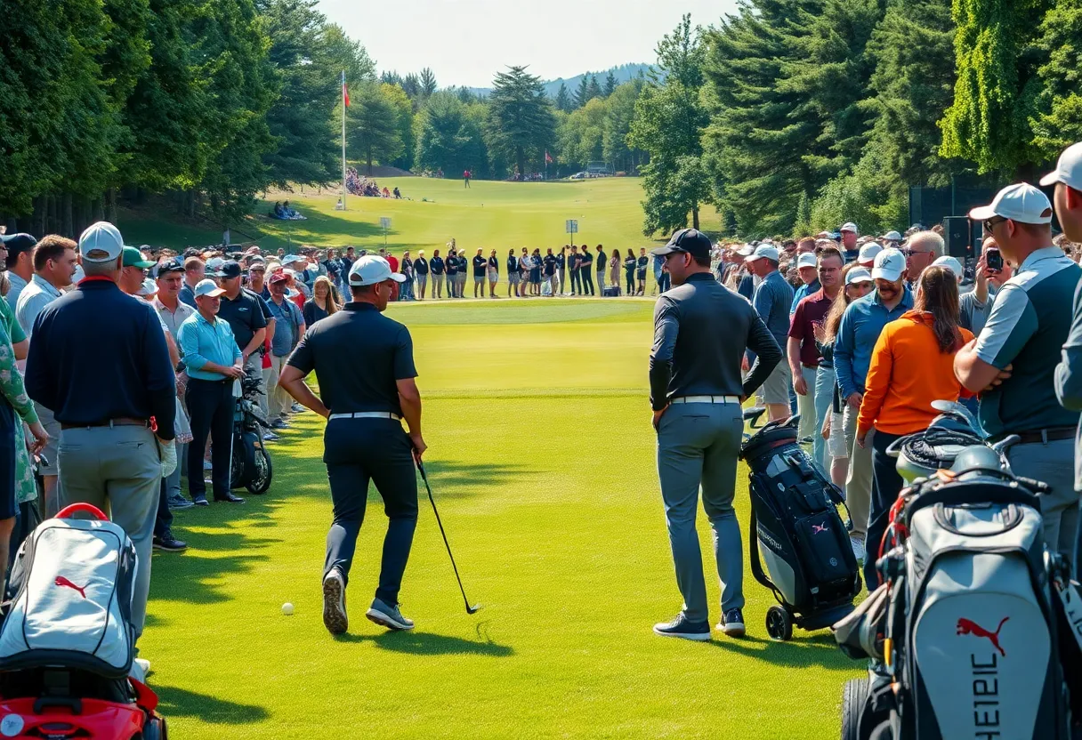 Golfers preparing for the 3M Open tournament on a lush green course