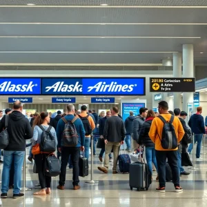 Frustrated travelers at an airport during Alaska Airlines ground stop