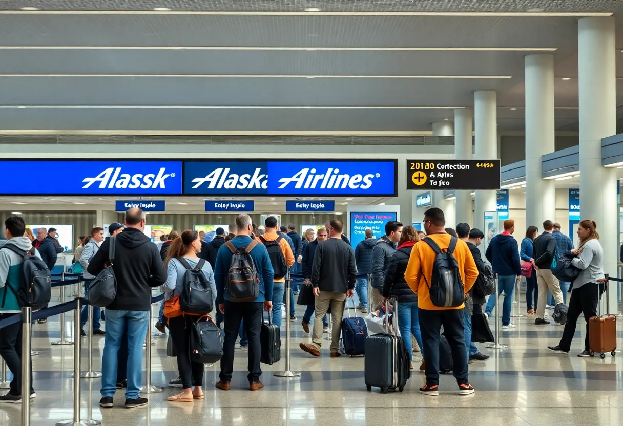 Frustrated travelers at an airport during Alaska Airlines ground stop