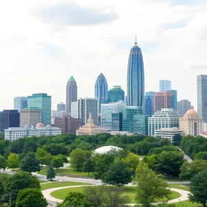 A panoramic view of Atlanta skyline showcasing modern skyscrapers and community spaces.