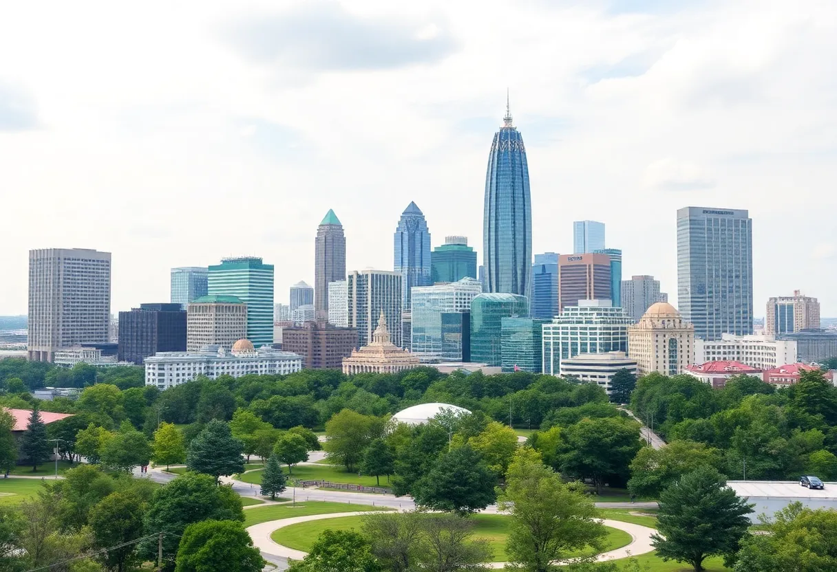 A panoramic view of Atlanta skyline showcasing modern skyscrapers and community spaces.