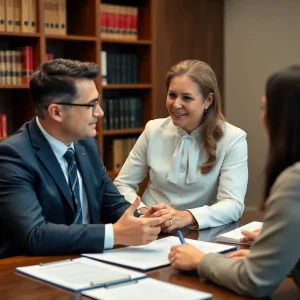 A lawyer discussing personal injury case details with a client in an office.