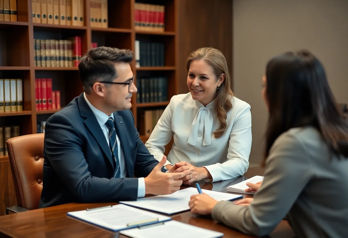 A lawyer discussing personal injury case details with a client in an office.