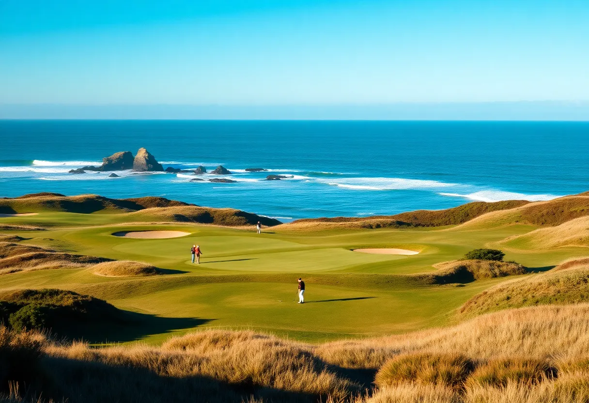 Scenic view of Bandon Dunes Golf Course with players on the green