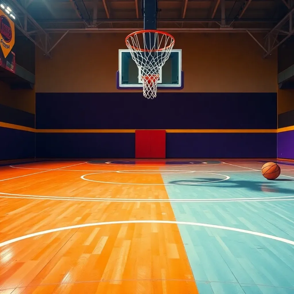 Vibrant basketball court with hoop and basketball