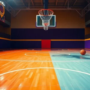 Vibrant basketball court with hoop and basketball