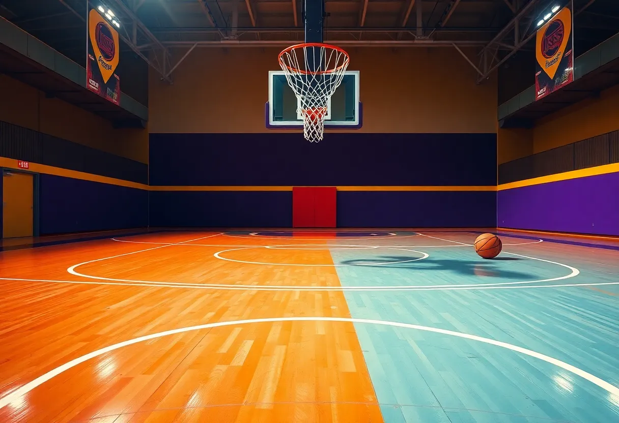 Vibrant basketball court with hoop and basketball