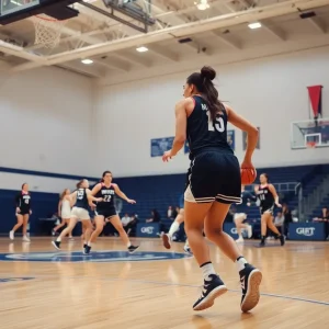 Women basketball players competing on the court during a game.