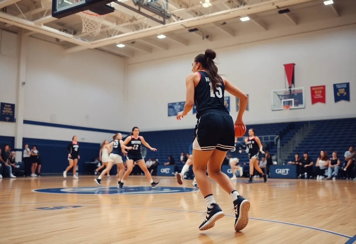 Women basketball players competing on the court during a game.