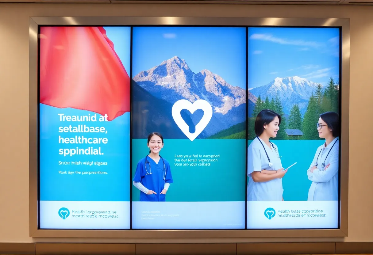 Digital screens displaying healthcare recruitment ads in British Columbia