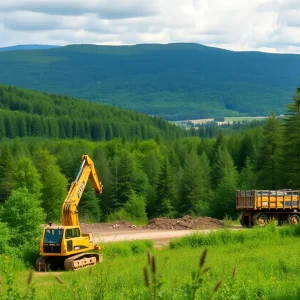 Construction equipment in Bernheim Forest surrounded by trees