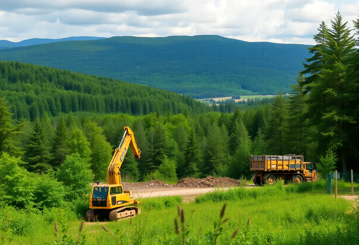 Construction equipment in Bernheim Forest surrounded by trees
