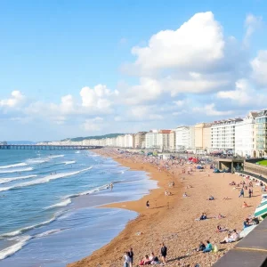 Seaside view of Brighton with bathers enjoying the water