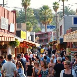 A lively California street with diverse businesses and community interactions