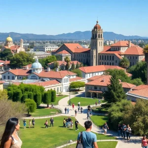 Scenic view of California college campuses filled with students.