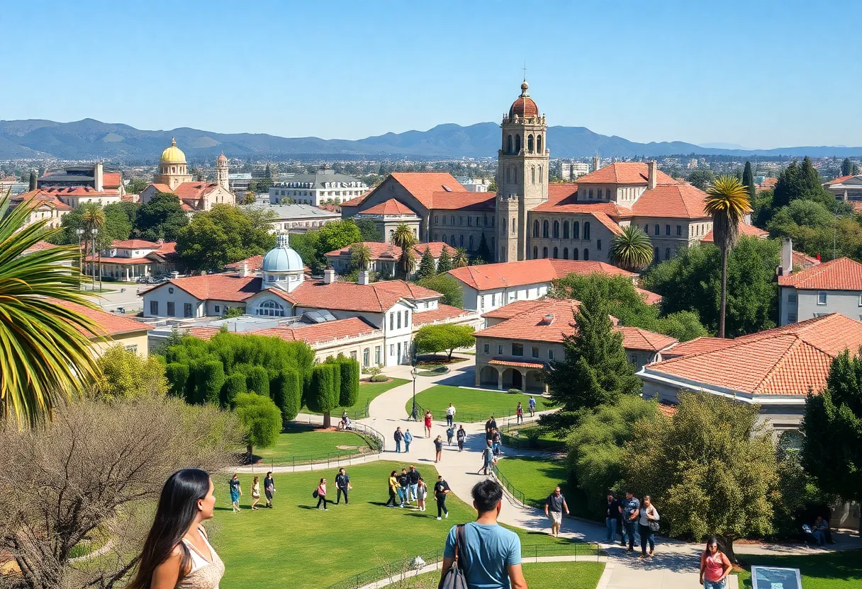 Scenic view of California college campuses filled with students.