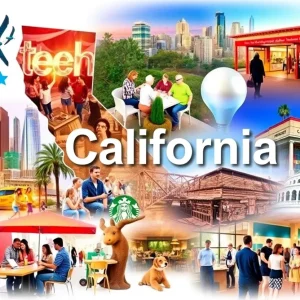 A collage representing California's business landscape with technology, tourism, and dining.