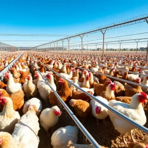 Hens in spacious enclosures at a California egg farm.