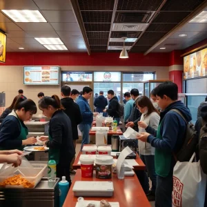 Busy fast food restaurant interior showing employees at work.