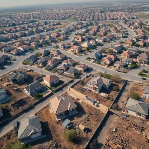 Aerial view of newly built homes in California recovering from fire damage.