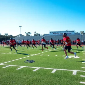 High school football players training on an all-weather field in California