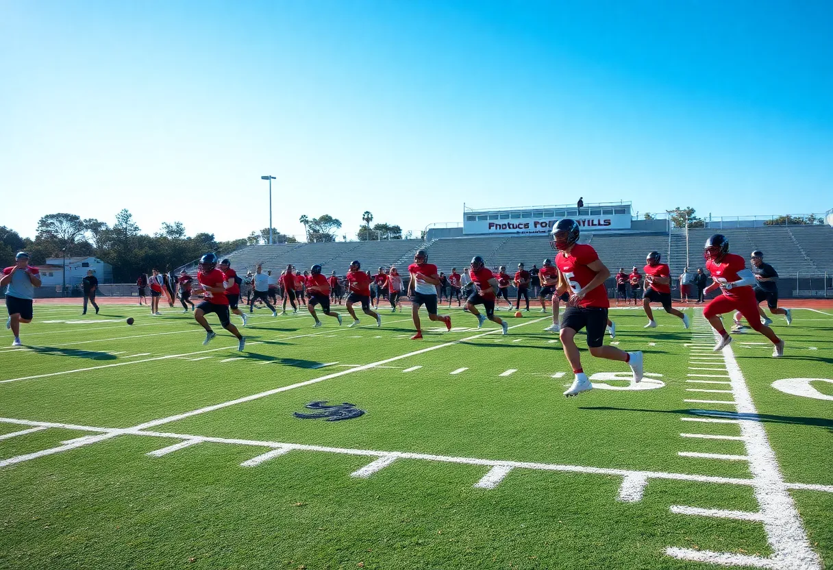 High school football players training on an all-weather field in California