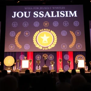 Ceremony showcasing the California Journalism Awards with awards on display.
