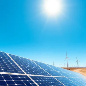 A landscape in California featuring solar panels and wind turbines symbolizing renewable energy advancements.