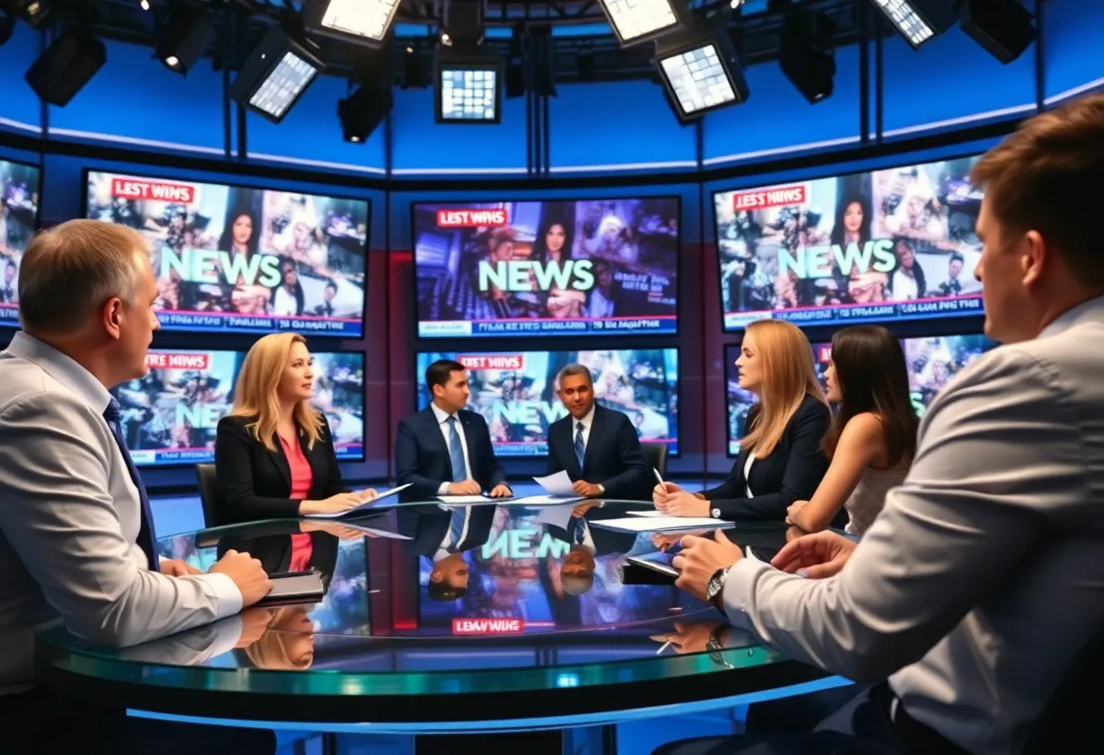 Journalists in a CBS news newsroom discussing changes