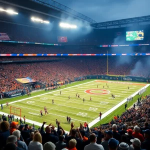 Fans cheering during a Chicago Bears game