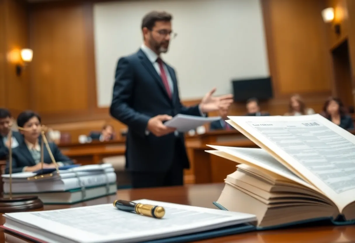 A personal injury attorney presenting a case in court with legal documents