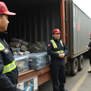 Security personnel inspecting strategic minerals in China.