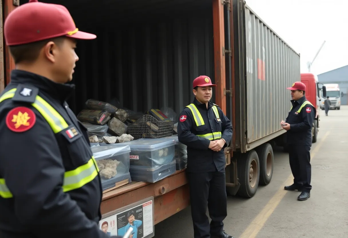 Security personnel inspecting strategic minerals in China.