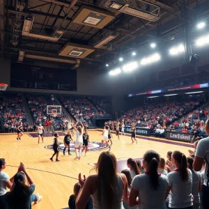 Dynamic women's basketball game featuring players in action.