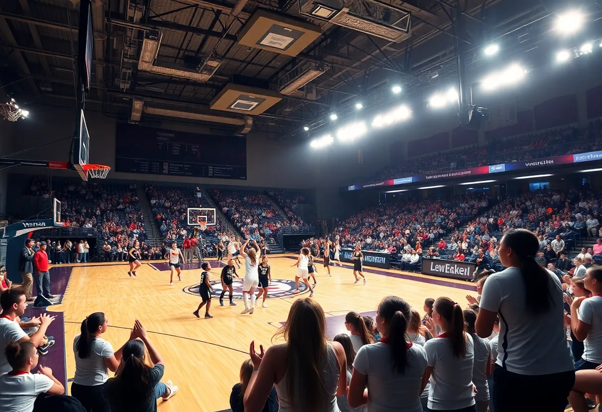 Dynamic women's basketball game featuring players in action.