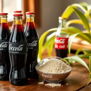 Coca-Cola bottles with cane sugar cane plant