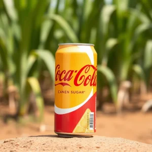 A can of Coca-Cola featuring cane sugar labeling set against sugar cane fields