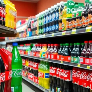 A variety of Coca-Cola products displayed in a grocery store aisle.