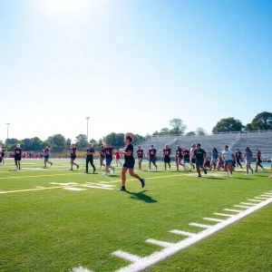 Collins High School football team practicing on the field