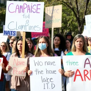 Community members rallying in support of theater arts