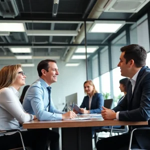Wealth management team collaborating in a modern office