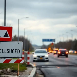 Road construction site with warning signs and emergency lights.