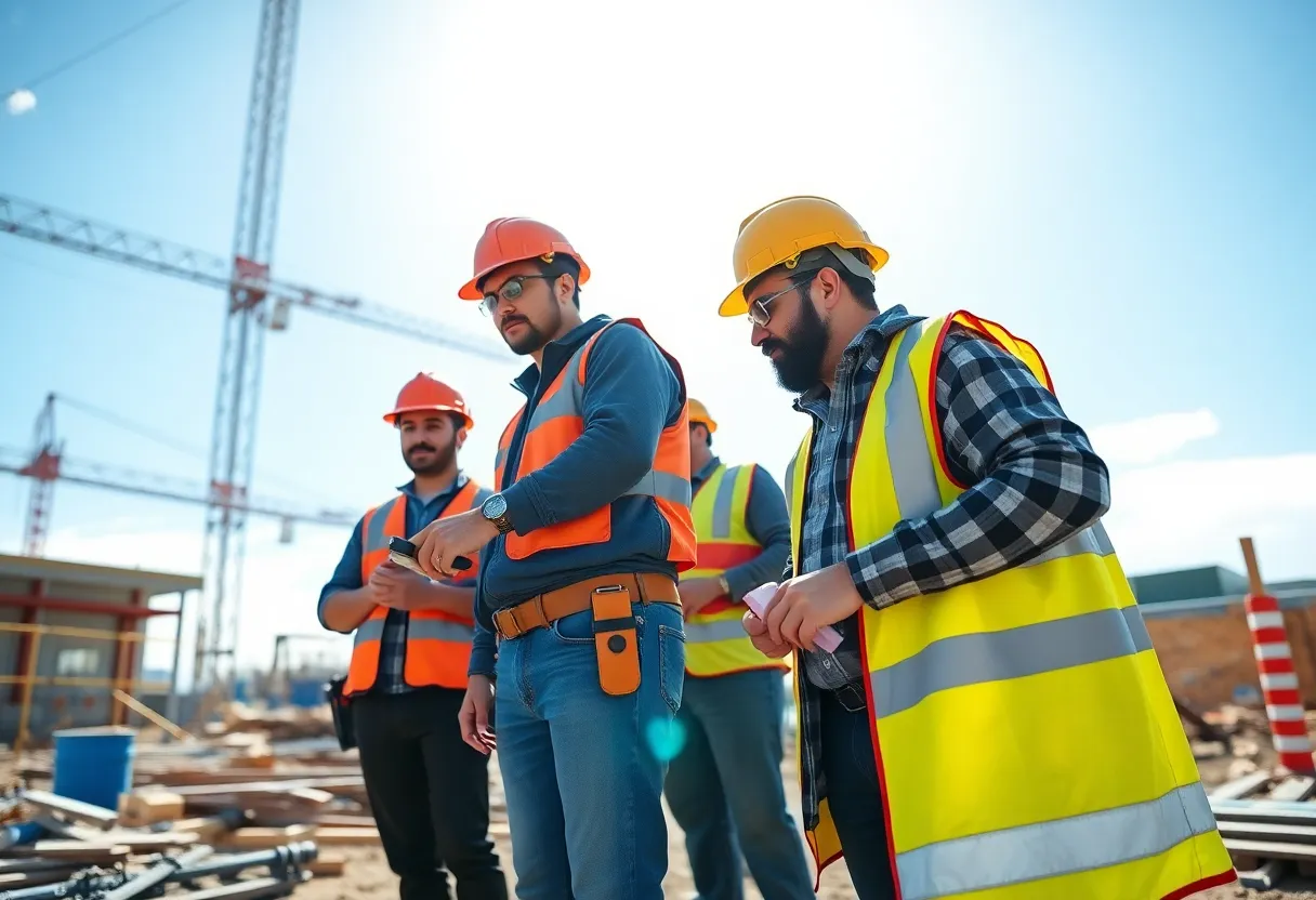 Workers collaborating on a construction site with safety measures