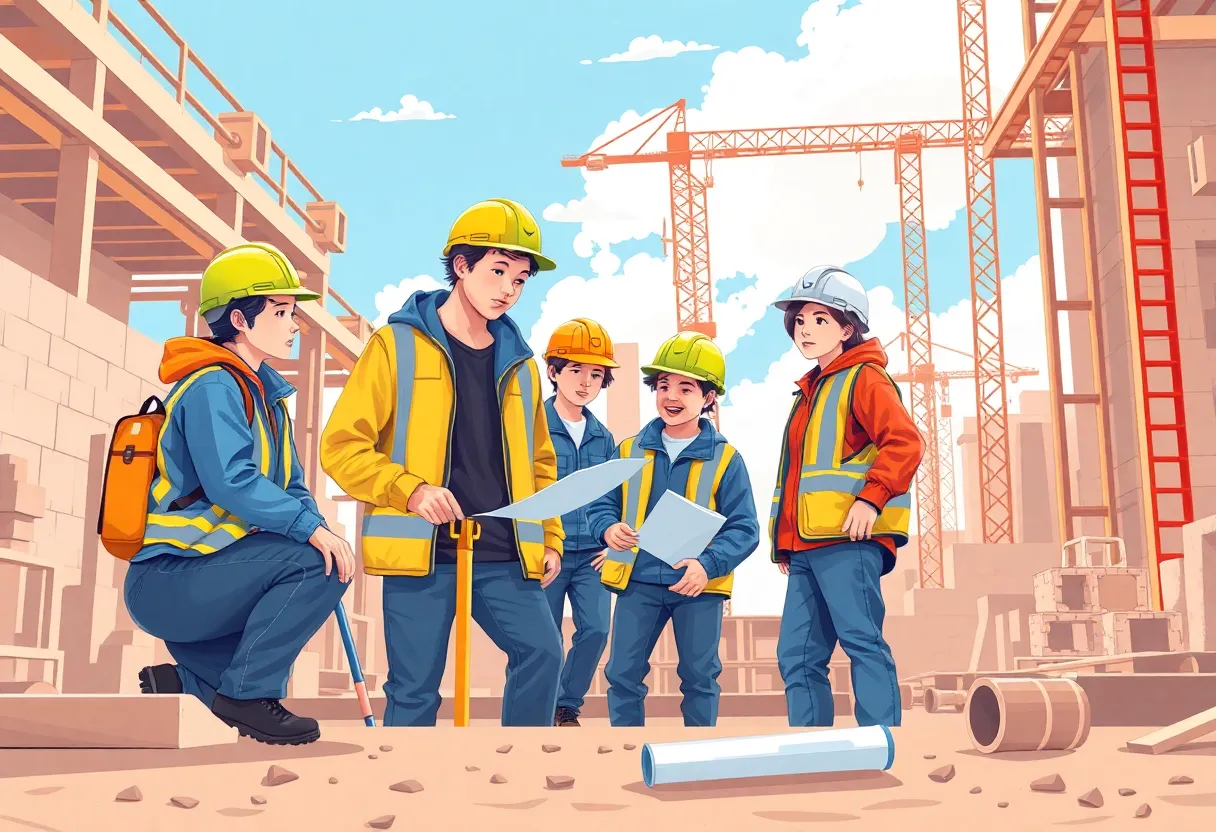Young workers in construction training
