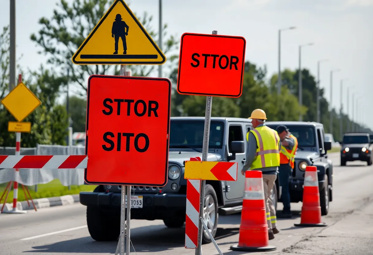 Construction workers in a work zone with a Jeep in the background