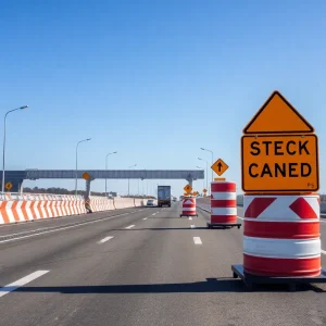 Construction zone on the highway with safety barriers