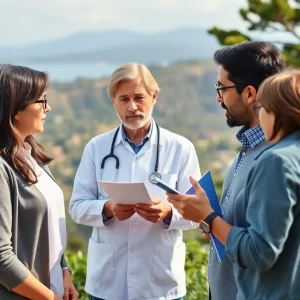 Group discussing health insurance options outdoors in California.