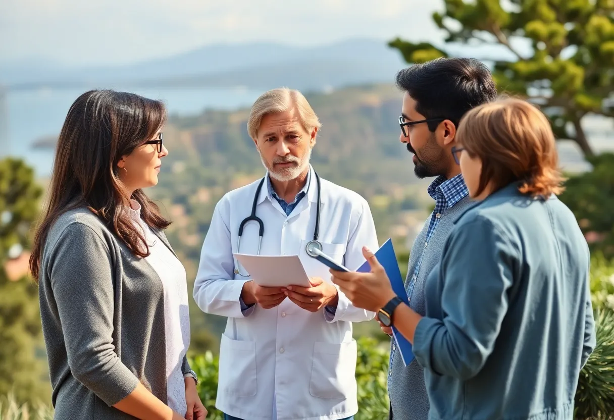 Group discussing health insurance options outdoors in California.