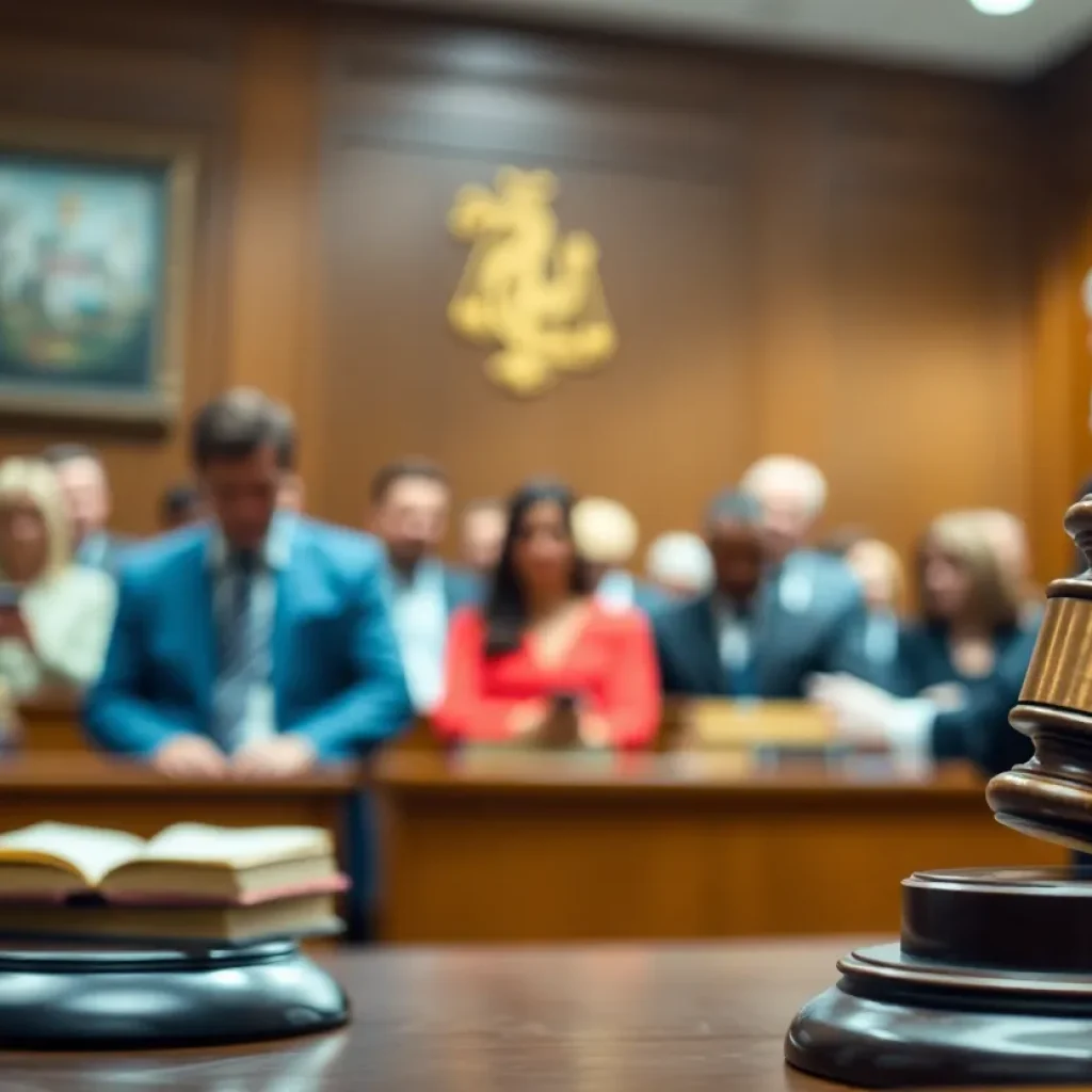 Illustration of a courtroom with a gavel and legal books