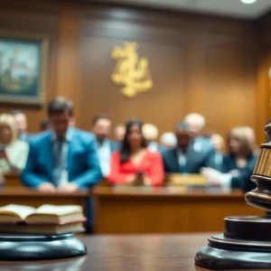 Illustration of a courtroom with a gavel and legal books